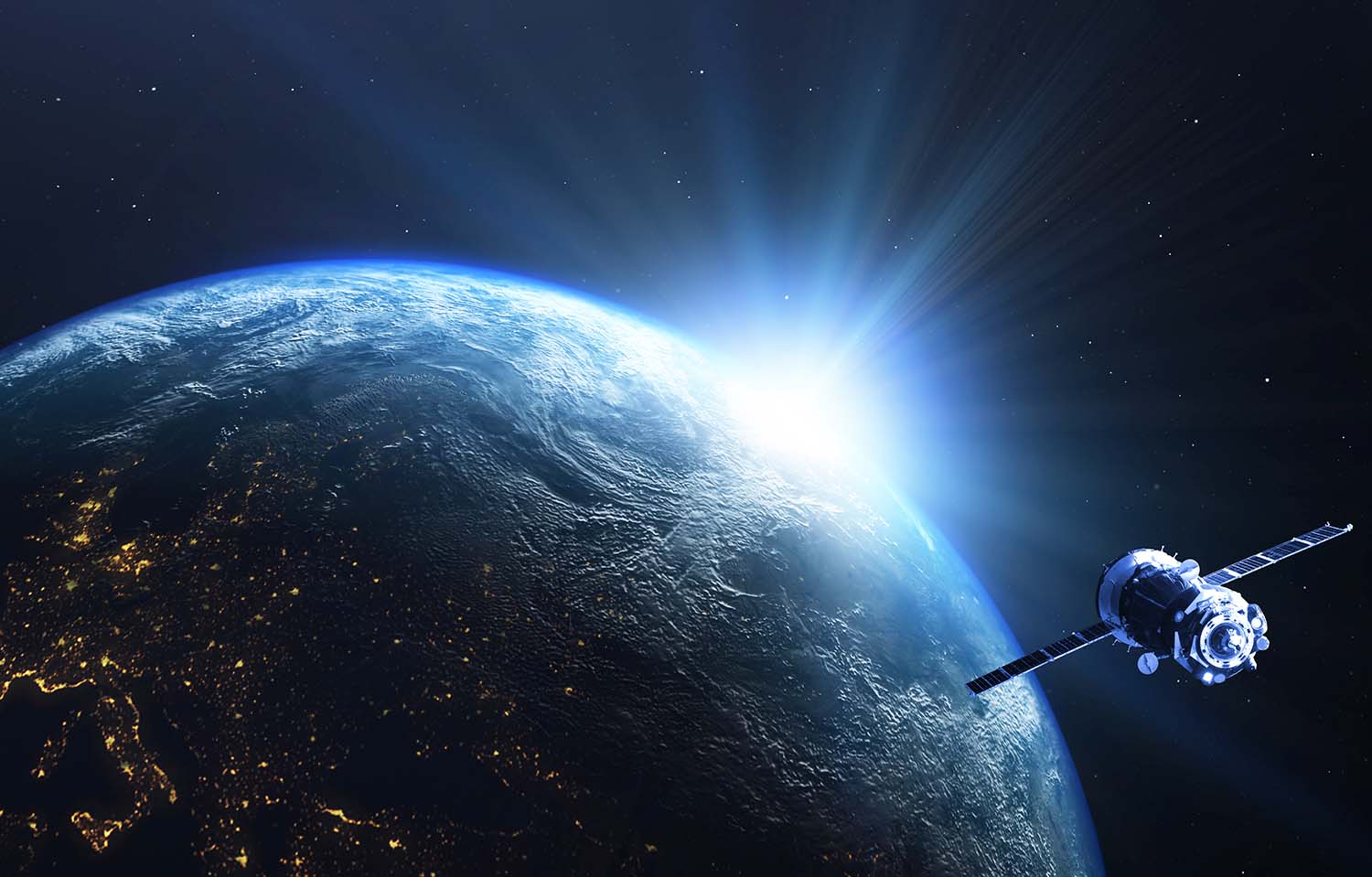 visão espacial do planeta Terra, com o sol sendo mostrado parcialmente no fundo e um satélite em órbita.